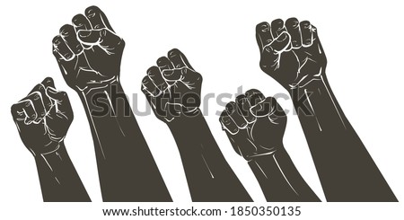 Hands raised air fighting for human rights. Fist up power Concept of protest, rebel, political demands, revolution, unity, cooperation, lives matter, don't give up. Vector silhouette