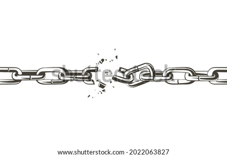 Broken chain. Torn, divorce, broken links, destroyed network, connections, conflict, freedom, liberty  concept. Black and white vintage vector line illustration.