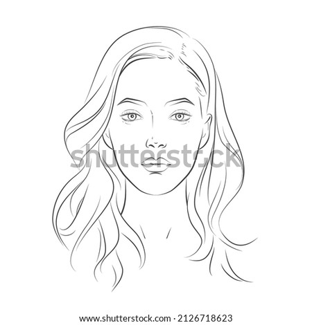 Vector woman face. Curly hairstyle. Young beautiful girl with long wavy hair curls. Volume, Haircut, Hairdressing. Care and beauty. Black and white line sketch front illustration portrait.