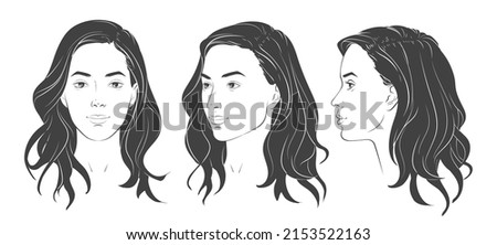 Vector woman face. Different angle view. Set of head portraits young girl with long wavy hair curls. Three dimension front, profile, three-quarter. Curly hairstyle. Realistic line sketch illustration