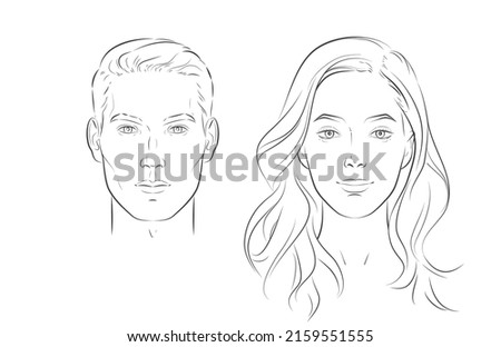 Vector face of man and woman. Young beautiful girl and boy heads. Front portraits. Black line realistic sketch vintage illustration.