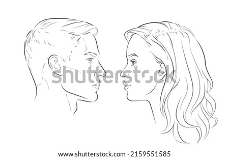 Vector face of man and woman. Heads face in profile. Portrait of young beautiful girl, boy. Line sketch illustration.