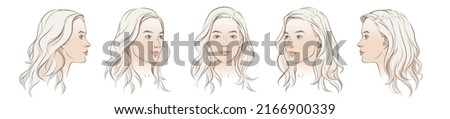 Vector woman face. Different angle view. Set of head portraits young girl with long wavy curly hair. Five dimension front, profile, three-quarter. Realistic watercolor sketch illustration