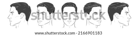 Set of man face portrait five different angle view turns of a male head. Close-up vector line sketch of boy. Front, profile, three-quarter. Vector realistic  line illustration