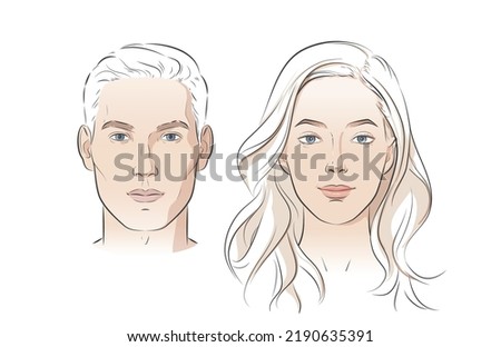 Vector face of man and woman. Young beautiful girl and boy heads. Male and Female Front portraits. Black line realistic sketch vintage illustration.