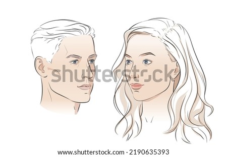 Vector face of man and woman. Young beautiful girl and boy heads. Male and Female Three-quarter view portraits. Black line realistic sketch vintage illustration.