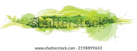 Vector sketch Green grass field on small hills. Meadow, alkali, lye, grassland, pommel, lea, pasturage, farm. Rural scenery landscape panorama of countryside pastures. illustration Photo stock © 