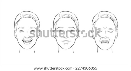 Faces expressions with different mood. Positive, negative feelings, happy, smiling, laughing, astonished, surprised, discontent, unhappy depression human emotions collection Vector set