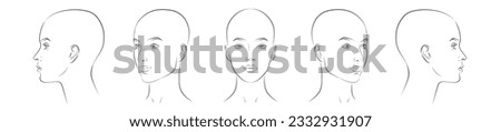 Woman face bald hairless head. Head guidelines for barbershop, haircut salon. Male head in different angles. Women face front, profile, three-quarter view. Vector realistic line sketch illustration