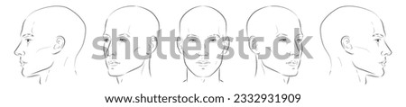 Man face portrait three different angles and turns of a male head. Bald hairless man. Close-up vector line sketch. Set of different view front, profile, three-quarter of a boy