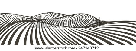 Farm field landscape on small hills. Furrows pattern in a plowed prepared for crops planting. Rows of soil, rural countryside perspective horizon view. Vector  engraving sketch illustration.