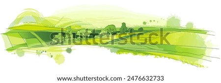 Vector sketch Green grass field on small hills. Meadow, alkali, lye, grassland, pommel, lea, pasturage, farm. Rural scenery landscape panorama of countryside pastures. Watercolor illustration