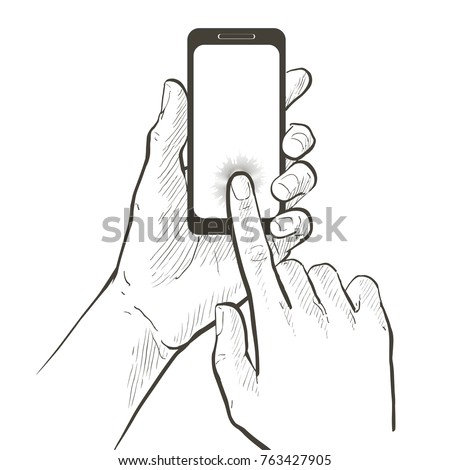 close-up two hands holding and touching smart phone. Mock-up blank screen. Vector line illustration on white background.