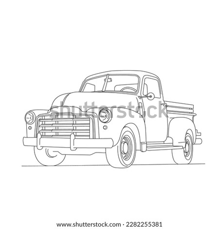 Classic Pickup truck. Line art truck. Vector and illustrations.