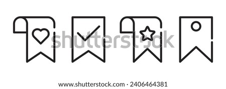 Bookmark icon collection. Heart checkmark star symbol. Vector outline illustration