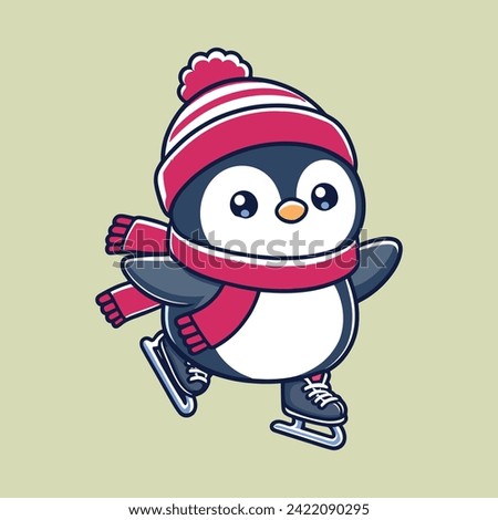 Cute penguin ice skating cartoon vector icon art illustration