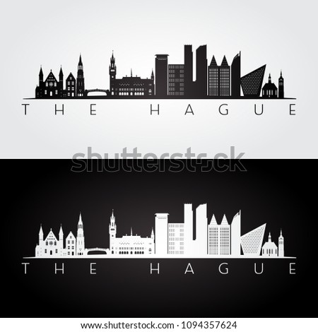 The Hague skyline and landmarks silhouette, black and white design, vector illustration.