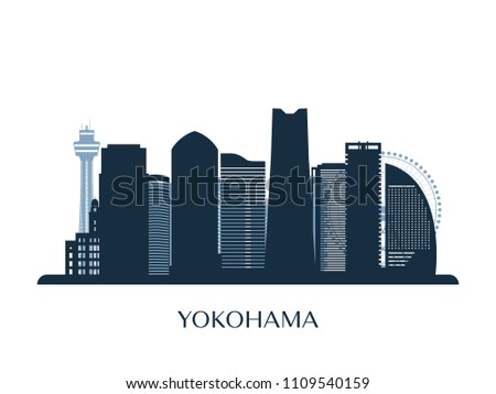 Yokohama skyline, monochrome silhouette. Vector illustration.