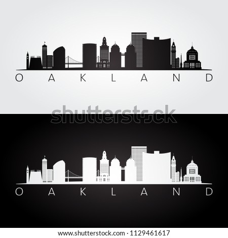 Oakland, USA skyline and landmarks silhouette, black and white design, vector illustration.