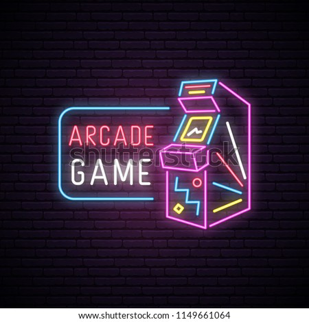 Neon sign of Arcade game machine. Neon entertainment emblem, bright banner. Advertising design. Night light signboard. Vector illustration.