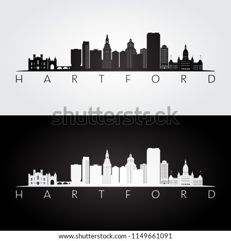 Hartford, USA skyline and landmarks silhouette, black and white design, vector illustration.