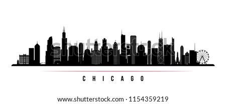 Chicago city skyline horizontal banner. Black and white silhouette of Chicago city, USA. Vector template for your design.