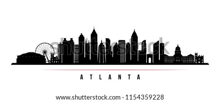Atlanta city skyline horizontal banner. Black and white silhouette of Atlanta city, USA. Vector template for your design.