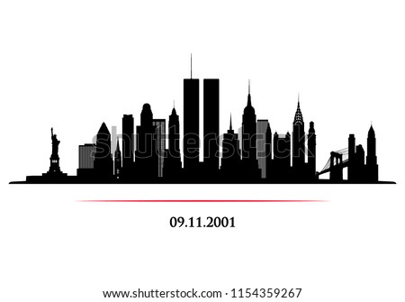 New York City Skyline with Twin Towers. World Trade Center. 09.11.2001 American Patriot Day anniversary banner. Vector illustration.