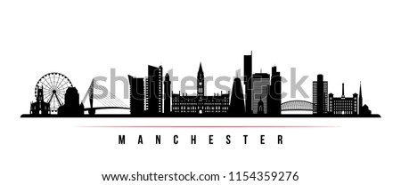 Manchester city skyline horizontal banner. Black and white silhouette of Manchester city, United Kingdom. Vector template for your design.