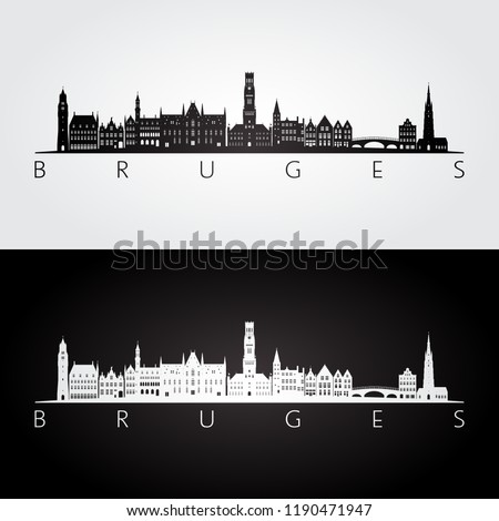 Bruges skyline and landmarks silhouette, black and white design, vector illustration.