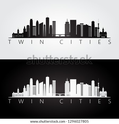 Twin cities USA skyline and landmarks silhouette, black and white design, vector illustration.