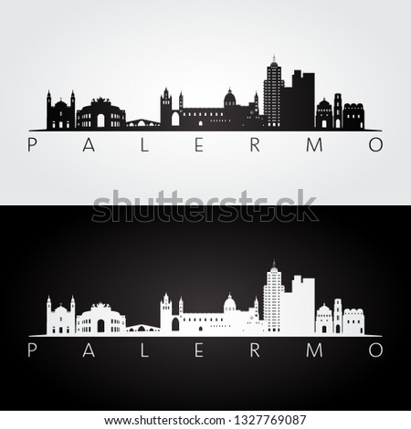 Palermo skyline and landmarks silhouette, black and white design, vector illustration.