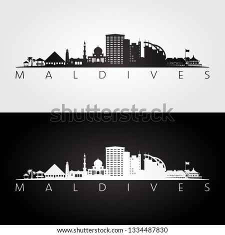 Maldives skyline and landmarks silhouette, black and white design, vector illustration.