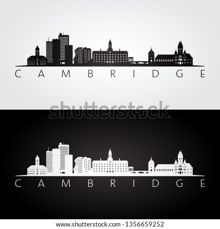 Cambridge, Massachusetts skyline and landmarks silhouette, black and white design, vector illustration.