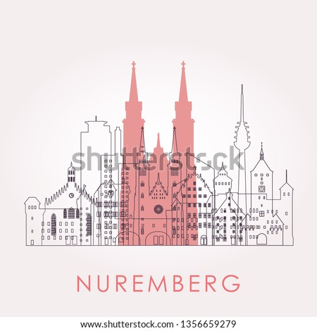 Outline Nuremberg skyline with landmarks. Vector illustration. Business travel and tourism concept with historic buildings. Image for presentation, banner, placard and web site.