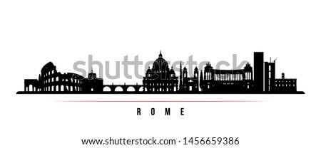 Rome city skyline horizontal banner. Black and white silhouette of Rome city, Italy. Vector template for your design. 