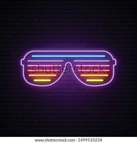 Neon shutter glasses sign. Bright vector sunglasses illustration in retro 80s style.