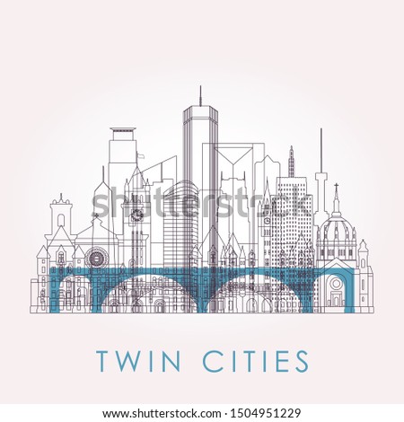 Outline Twin cities skyline with landmarks. Vector illustration. Business travel and tourism concept with historic buildings. Image for presentation, banner, placard and web site.