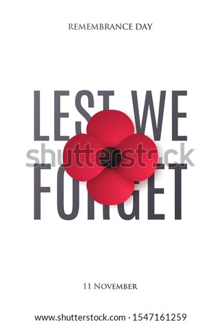 Remembrance Day design for brochure, flyer, poster and social network. Red Poppy flower in paper art style. Lest We Forget inscription. Stock vector illustration. Foto stock © 