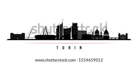 Turin skyline horizontal banner. Black and white silhouette of Buenos Turin, Italy. Vector template for your design. 