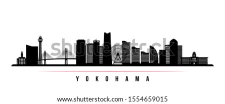 Yokohama skyline horizontal banner. Black and white silhouette of Buenos Yokohama, Japan. Vector template for your design. 