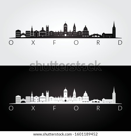 Oxford skyline and landmarks silhouette, black and white design, vector illustration.  