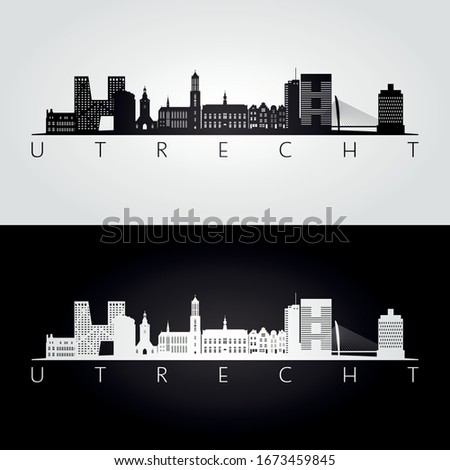 Utrecht skyline and landmarks silhouette, black and white design, vector illustration.  