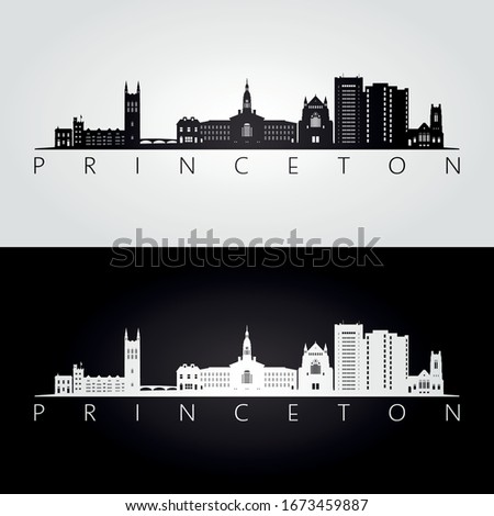 Princeton, New Jersey USA skyline and landmarks silhouette, black and white design, vector illustration.  