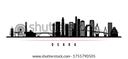 Osaka skyline horizontal banner. Black and white silhouette of Osaka, Japan. Vector template for your design. 