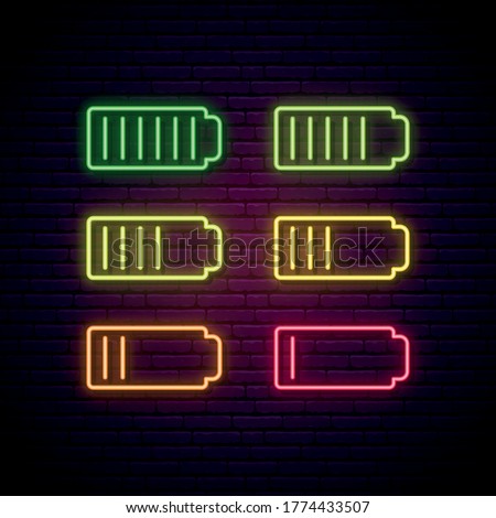 Set of battery neon sign. 6 glowing neon charger icons. Vector symbol of low and full battery.