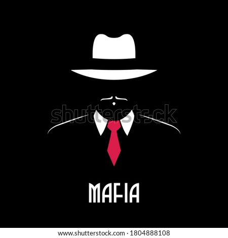 Mafia man silhouette. Vector emblem for male store, a barber shop, gentleman club. Gangster in hat and red tie. Stock illustration.