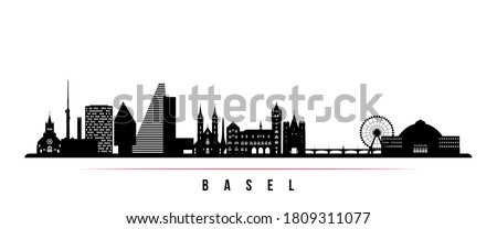 Basel skyline horizontal banner. Black and white silhouette of Basel City, Switzerland. Vector template for your design. 