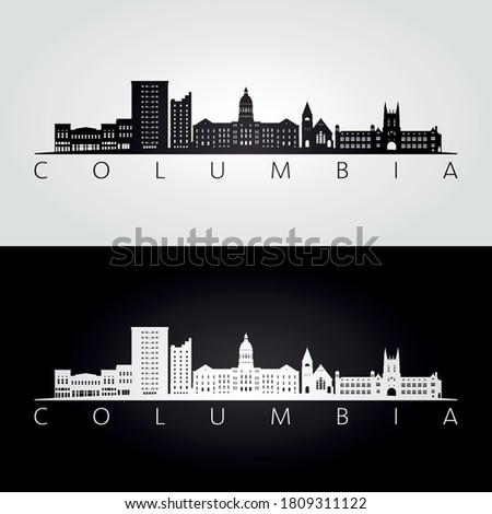 Columbia, Missouri skyline and landmarks silhouette, black and white design, vector illustration.  