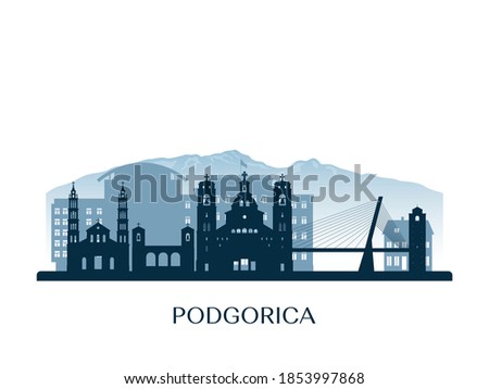 Podgorica, Montenegro skyline, monochrome silhouette. Vector illustration.